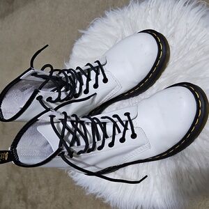 Dr. Martens White Boots with Black Laces and Yellow Stitching